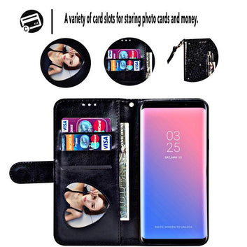 Giz Techs iPhones Durable Slim Fit Magnet Flip Folio Luxury Glitter Sparkly Bling Leather Wallet Stand Cover Zipper Pocket Purse with Credit Card Holder&Wrist Strap for Women