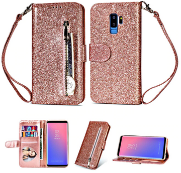 Giz Techs iPhones Durable Slim Fit Magnet Flip Folio Luxury Glitter Sparkly Bling Leather Wallet Stand Cover Zipper Pocket Purse with Credit Card Holder&Wrist Strap for Women